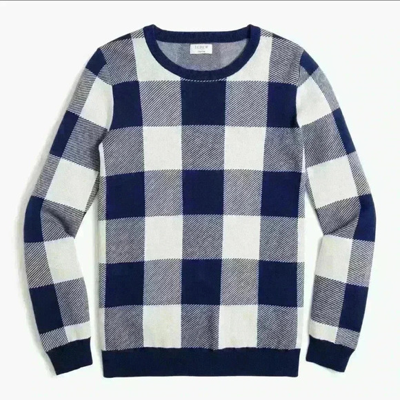 J. Crew Factory Women’s Blue White Small Teddie Check Jacquard Pullover Sweater - Picture 1 of 4